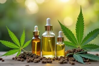 Hasisolaj üvegek és szárított kendernövény levelekkel