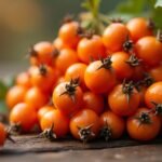 Sárga homoktövis bogyók a fakanálon.