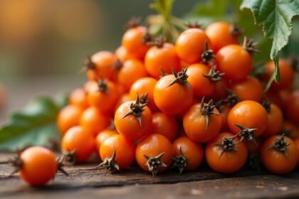 Sárga homoktövis bogyók a fakanálon.