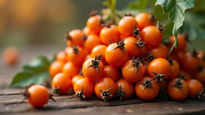 Sárga homoktövis bogyók a fakanálon.