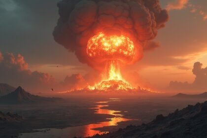 Atombomba robbanása egy pusztító tájban