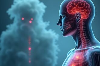 A tallium egészségügyi hatásait bemutató illusztráció, idegrendszeri károsodással.