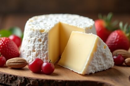 Camembert sajt friss gyümölcsökkel és mandulával díszítve