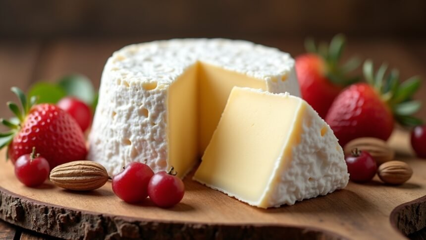 Camembert sajt friss gyümölcsökkel és mandulával díszítve