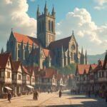 Középkori városi élet képe, egyház háttérrel