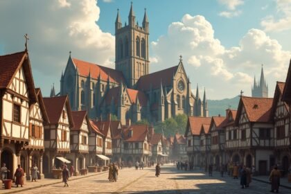 Középkori városi élet képe, egyház háttérrel