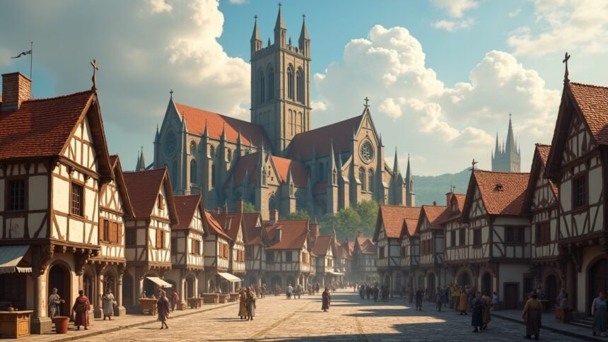 Középkori városi élet képe, egyház háttérrel