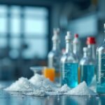 Laboratóriumi üvegpalackok etil-acetáttal és vegyszerekkel.