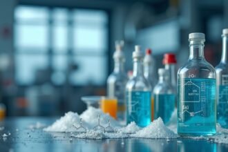 Laboratóriumi üvegpalackok etil-acetáttal és vegyszerekkel.