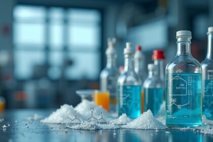 Laboratóriumi üvegpalackok etil-acetáttal és vegyszerekkel.