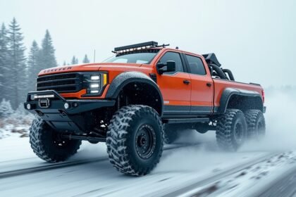 Hatkerekű hajtású jármű havas terepen, kiemelkedő teljesítménnyel.