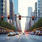 Jelzőlámpák és forgalom városi utcán szürkületben