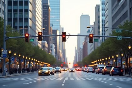 Jelzőlámpák és forgalom városi utcán szürkületben