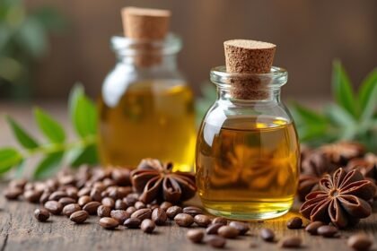 Ánizsolaj üvegek és fűszerek egy faasztalon