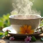 Gőzölgő libapimpó tea virágokkal és zöld levelekkel díszítve.