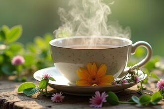 Gőzölgő libapimpó tea virágokkal és zöld levelekkel díszítve.