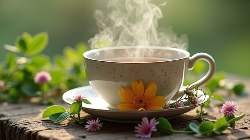 Gőzölgő libapimpó tea virágokkal és zöld levelekkel díszítve.