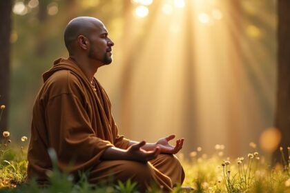 Férfi meditál a természetben, Jézus-imával és belső békével.