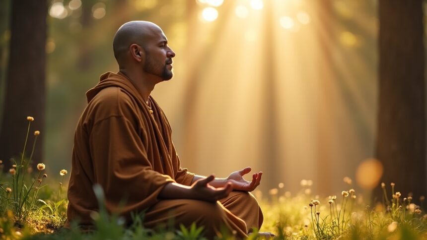 Férfi meditál a természetben, Jézus-imával és belső békével.