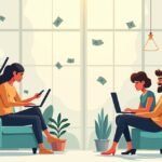 Fiatalok online pénzkeresés közben használnak laptopokat és telefonokat.