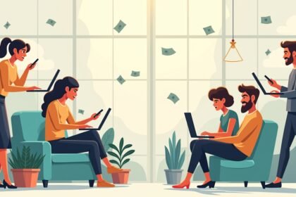 Fiatalok online pénzkeresés közben használnak laptopokat és telefonokat.