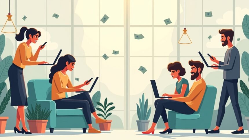 Fiatalok online pénzkeresés közben használnak laptopokat és telefonokat.