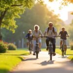 Csoport kerékpáros felnőttek parkos úton naplementében.