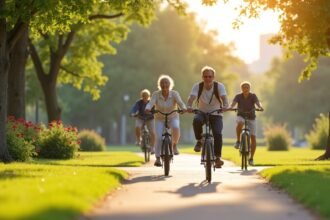 Csoport kerékpáros felnőttek parkos úton naplementében.