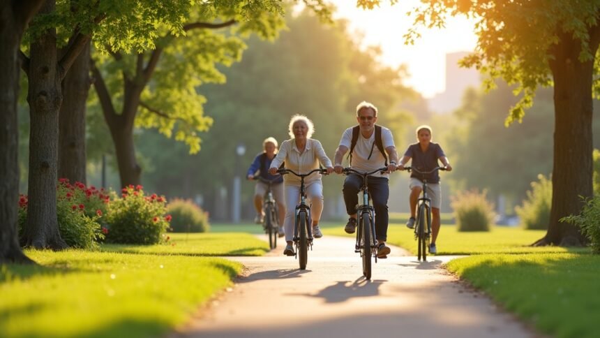 Csoport kerékpáros felnőttek parkos úton naplementében.