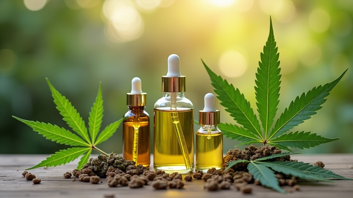 Hasisolaj üvegek és szárított kendernövény levelekkel