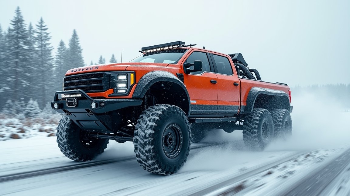 Hatkerekű hajtású jármű havas terepen, kiemelkedő teljesítménnyel.