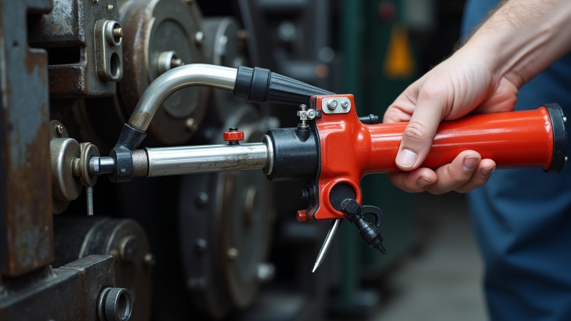 Kézi zsírzó használata egy ipari gépen, hatékony kenés érdekében.