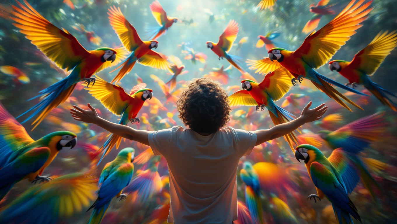 Egy fiatal fiú a díszmadarak között, színes papagájok repülnek körülötte.