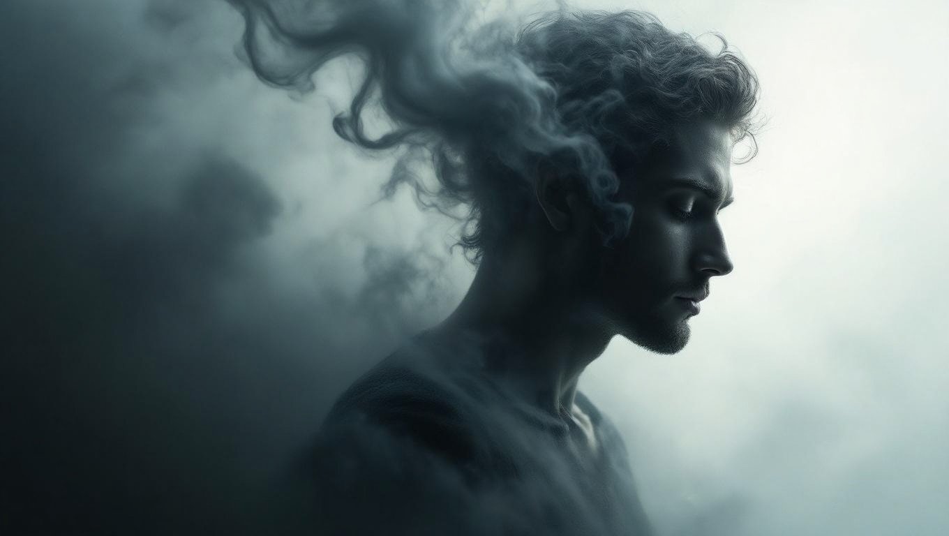 Egy férfi profilja, álmodozva a füstös háttérben.