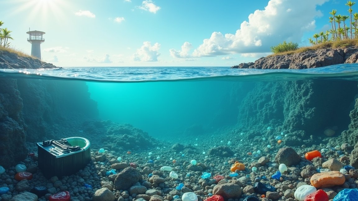 Műanyagszennyezés a víz alatt, romló környezeti állapotokkal.