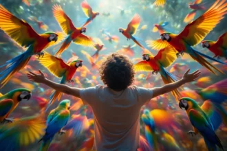 Egy fiatal fiú a díszmadarak között, színes papagájok repülnek körülötte.