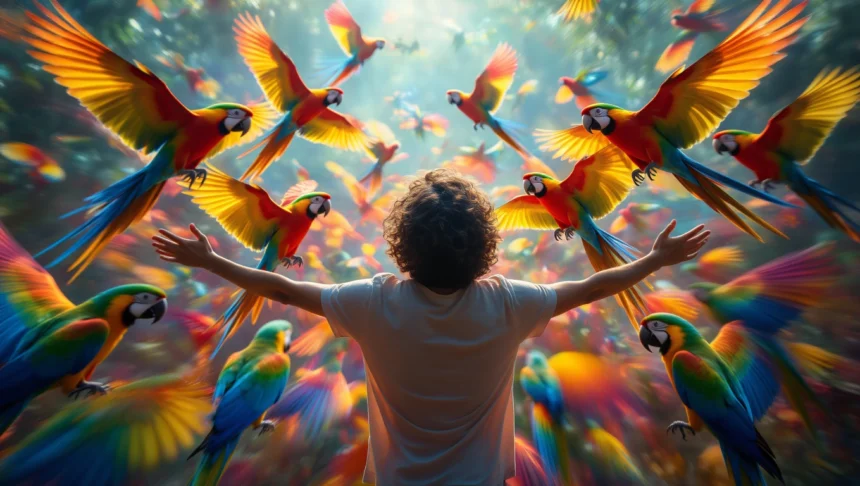 Egy fiatal fiú a díszmadarak között, színes papagájok repülnek körülötte.