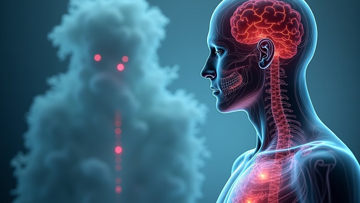 A tallium egészségügyi hatásait bemutató illusztráció, idegrendszeri károsodással.