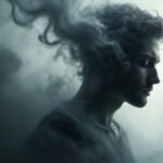 Egy férfi profilja, álmodozva a füstös háttérben.