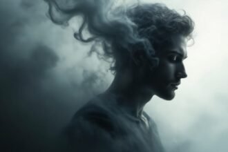 Egy férfi profilja, álmodozva a füstös háttérben.