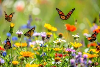 Tavaszi vadvirágok és pillangók színes virágmezőn.