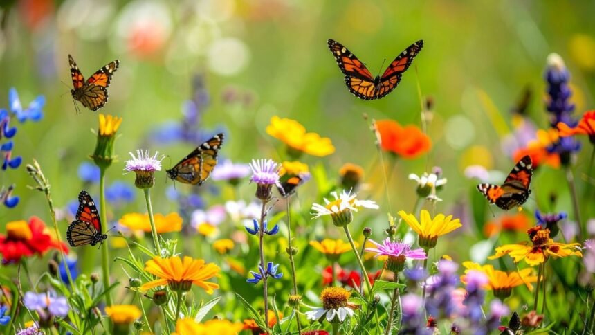 Tavaszi vadvirágok és pillangók színes virágmezőn.