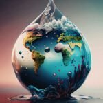 Víz csepp formájában a Föld térképével, a víz világnapjára utalva.