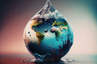 Víz csepp formájában a Föld térképével, a víz világnapjára utalva.