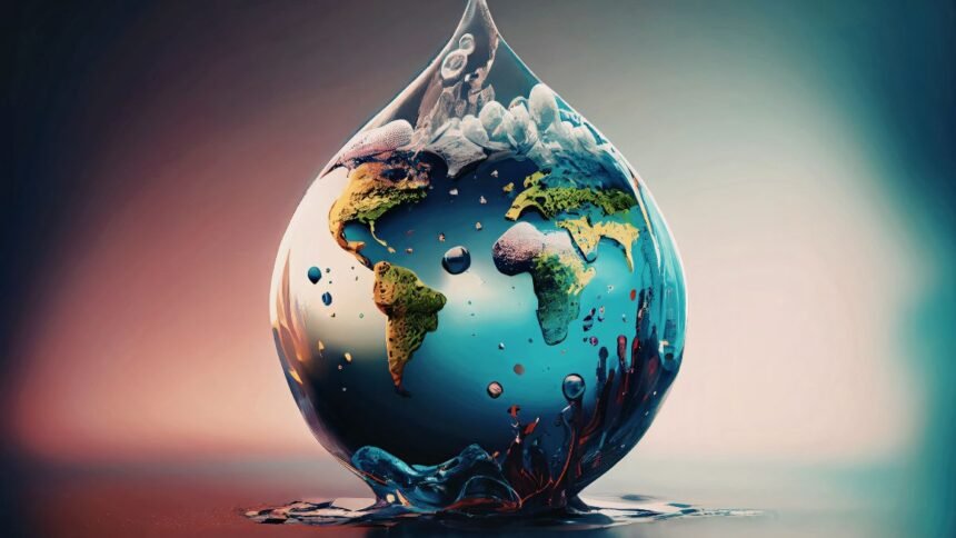 Víz csepp formájában a Föld térképével, a víz világnapjára utalva.