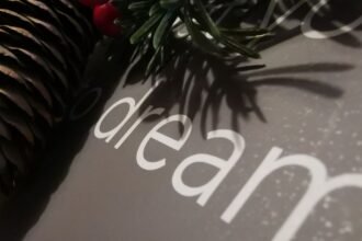 Fenyőtoboz és zöld levelek egy álomról szóló könyv melletti kompozícióban.