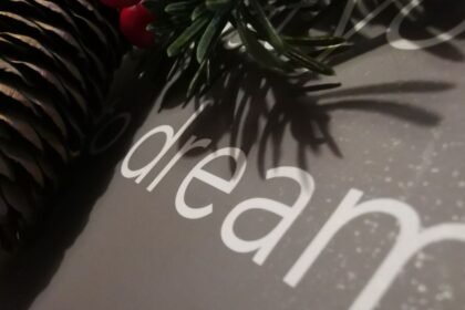 Fenyőtoboz és zöld levelek egy álomról szóló könyv melletti kompozícióban.