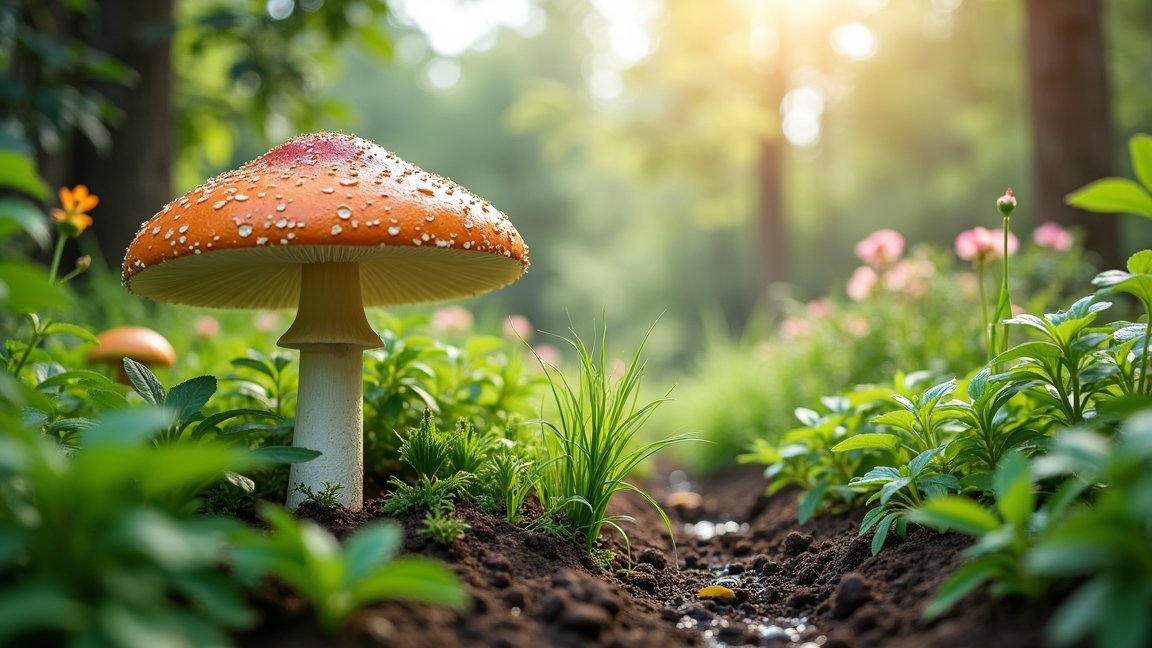 Csepegtető gomba a kertben, zöld növények között, napsütésben.