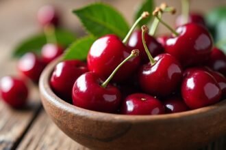 Friss meggy gyümölcs egy fából készült tálban