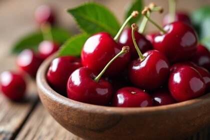 Friss meggy gyümölcs egy fából készült tálban